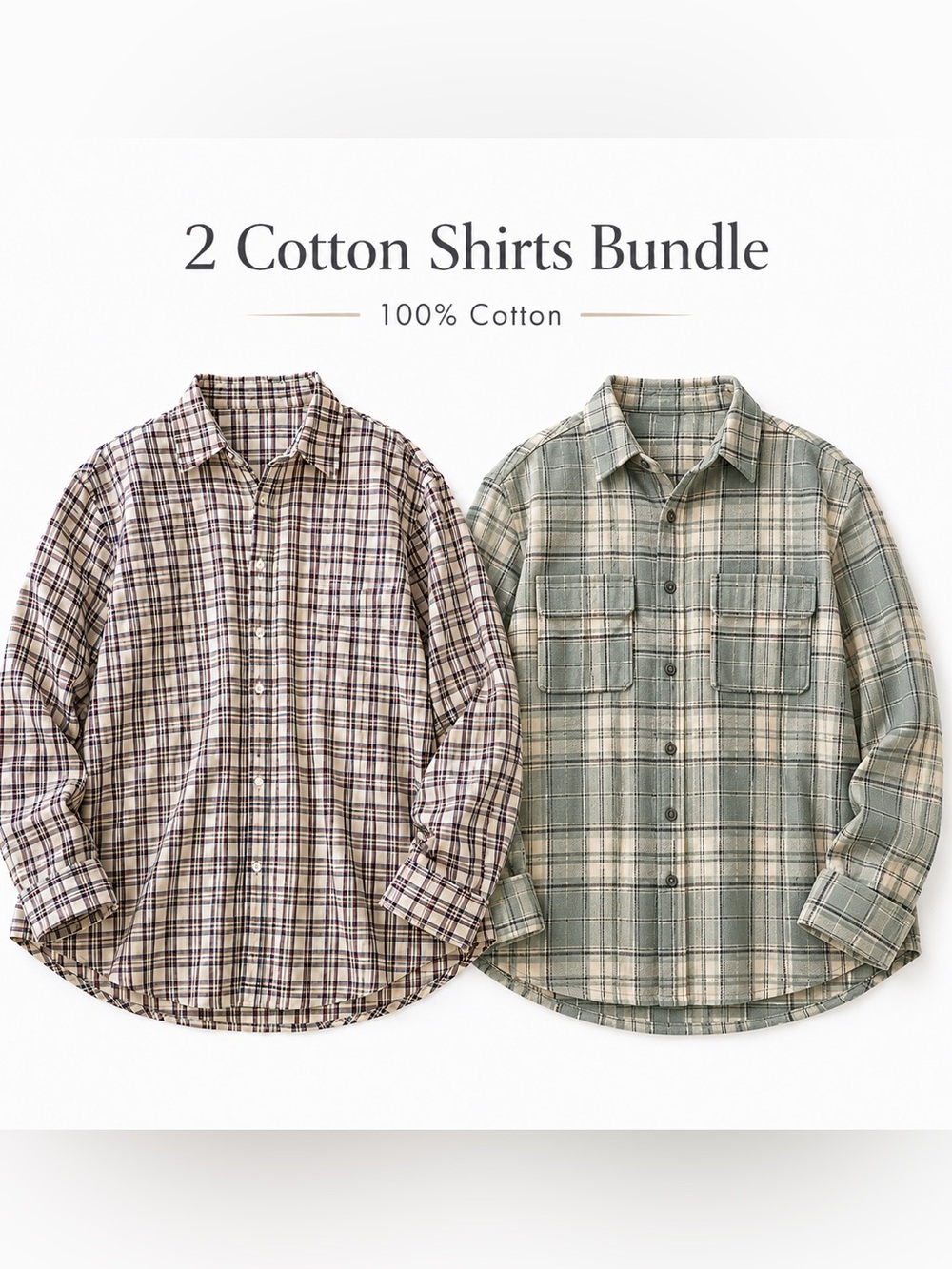 2 Cotton 100% Plaid Shirt Bundle - Beige & Sage Green Unisex